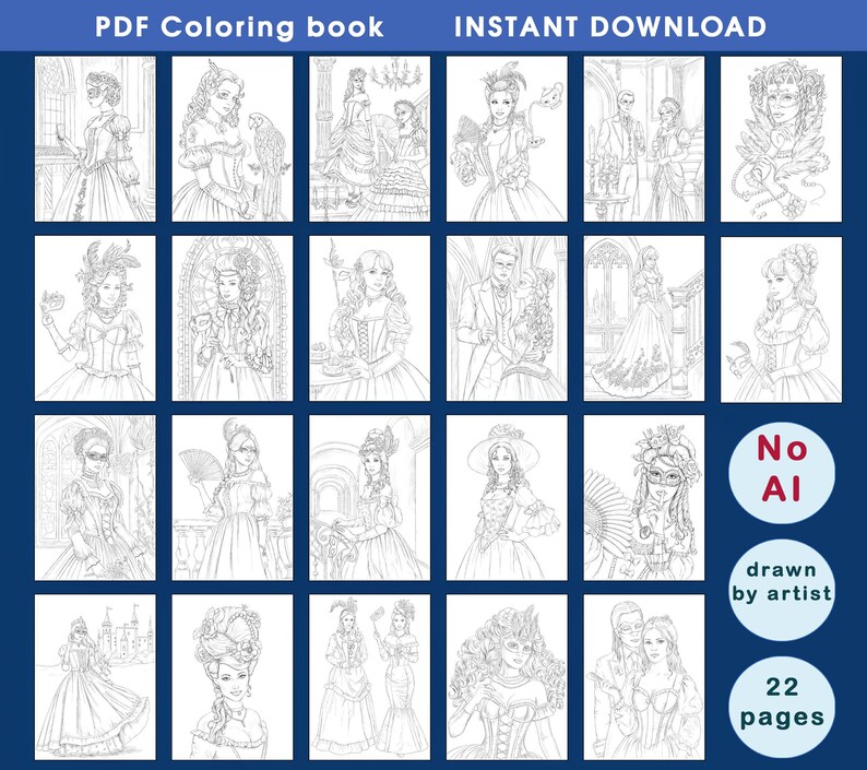 May include: A PDF coloring book with 22 pages featuring detailed line art illustrations of historical figures in elegant attire. The cover includes the text "PDF Coloring book" and "INSTANT DOWNLOAD". The images are drawn by an artist.