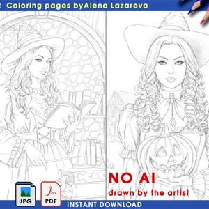 以下が含まれることがあります： Alena Lazarevaによる2つの塗り絵ページ。魔女の衣装を着た女性のイラストが特徴です。一人は本を読んでおり、もう一人はカボチャを持っています。「NO AI drawn by the artist」というテキスト。JPGとPDF形式で即時ダウンロード可能。