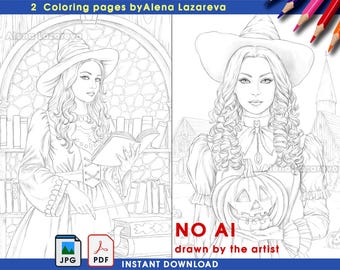 Halloween 2 Witches  Coloring Pages for adults : Printable. hand drawn  (PDF , Jpg Download)