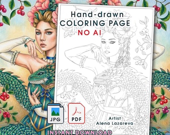 Coloriage Dragon Beauty : dessiné à la main par Alena Lazareva (téléchargement PDF/JPEG)