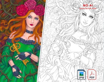 Gothic Beauty Coloring Page: Hand-Drawn  (PDF & JPG) by Alena Lazareva