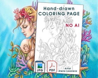 Fantasy Mermaid Coloring Page: Grayscale Hand-Drawn  by Alena Lazareva (PDF/JPEG Digital Download)