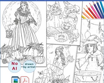 Halloween Coloring Pages: Witches and Cats, Hand Drawn by Alena Lazareva (PDF, Jpeg)