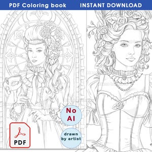 May include: PDF coloring book with two detailed illustrations of women in historical attire. One woman holds a mask, the other wears a feathered headpiece. The text "PDF Coloring book" and "INSTANT DOWNLOAD" are at the top. The image also includes the text "No AI" and "drawn by artist".