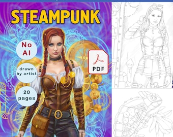Steampunk PDF Coloring Book: 20 Hand-Drawn Pages   Instant Download Printable