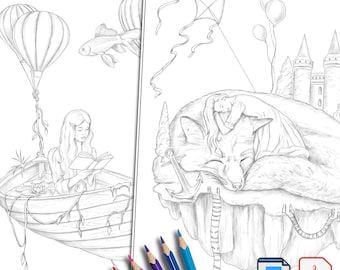 May include: Two grayscale coloring pages by Alena Lazareva. One page features a woman reading in a boat with a hot air balloon, and a goldfish. The other page shows a sleeping fox with a person on top, a castle, and a kite. Includes JPG and PDF formats.