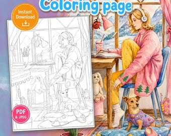 Può includere: Una pagina da colorare digitale con un'illustrazione a linee di una persona con cuffie e maglione, seduta a una scrivania vicino a una finestra. Un cagnolino siede su un cuscino, con un coniglio di peluche e una lampada visibili.