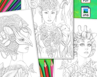 May include: Three printable coloring pages featuring detailed illustrations of fantasy women with elaborate headpieces and attire. The pages are black and white line drawings, perfect for coloring. The image also includes colored pencils and the text "3 Coloring pages" and "INSTANT DOWNLOAD".