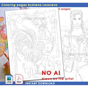 May include: Black and white line art colouring pages by Alena Lazareva. One page features a steampunk rooster, the other a woman in steampunk attire. The text "NO AI drawn by the artist" is visible. Includes JPG and PDF formats for instant download.