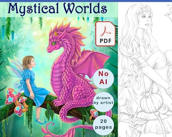 Mystical Worlds Coloring Book: 20 Hand-Drawn Pages   Instant Download Printable (PDF Download)