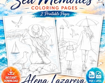 Disegni da colorare "Ricordi del mare" / 2 fogli da colorare stampabili a tema spiaggia / Download immediato in formato PDF e JPEG / di Alena Lazareva