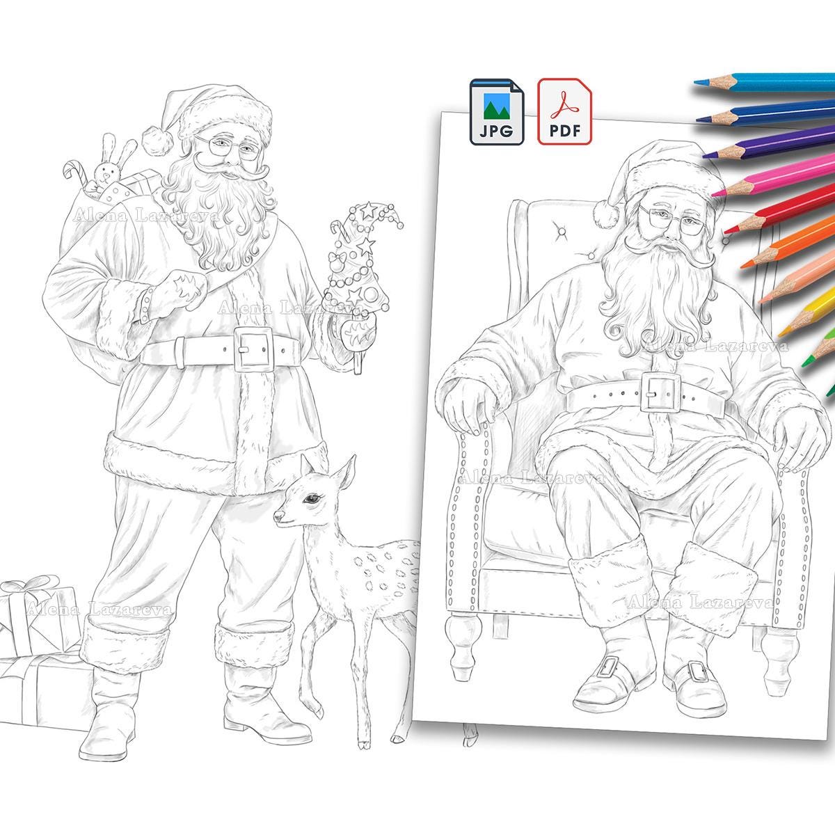 Set 2 Santa Coloring Pages Hand-drawn (PDF/JPEG Digital Download ...