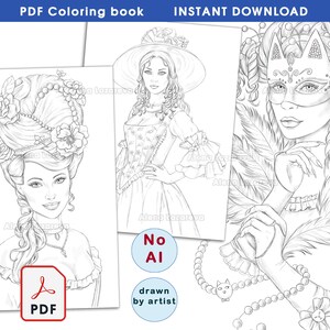 May include: A PDF coloring book featuring three detailed illustrations of women in elegant attire. The images are in black and white, ready for coloring, and include text that reads "PDF Coloring book INSTANT DOWNLOAD". The product is labeled as "No AI" and "drawn by artist".