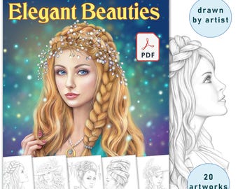 Elegant Beauties Grayscale Coloring Book: 20 Hand-Drawn Pages   Instant Download Printable (PDF Download)