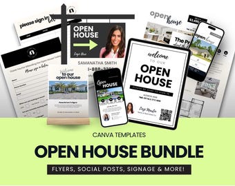 Op de afbeelding: Een verzameling marketingmaterialen voor open dagen, waaronder flyers, social media posts en bewegwijzering. Het ontwerp heeft een zwart-wit kleurenschema met afbeeldingen van huizen en de tekst "Open House". De bundel is voor makelaars.
