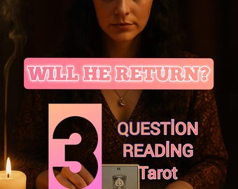 May include: A tarot card reading with the text "WILL HE RETURN?" and "3 QUESTION READING Tarot". The image features a woman, lit candles, and tarot cards, including "ALE OF CUPS".