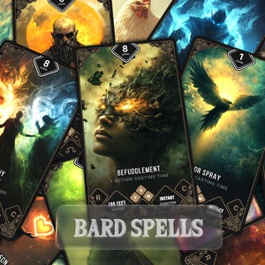 Cartas de magia D&D de BARD | Dungeons and Dragons | Cartas ilustradas 5e | Tamanho do tarô para download | Inclui livro de magias de D&D e livro de magias de bardo!