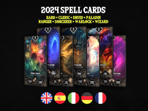DnD Spell Cards 2024 | en, fr, de, es, it languages | Includes Homebrew Studio | Dungeons and Dragons | Tarot & Poker size