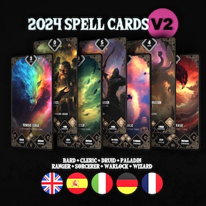 Könnte beinhalten: Ein Set von 2024 Spell Cards V2 mit Fantasy-Illustrationen, Zauberstufen und Textbeschriftungen. Die Karten zeigen verschiedene magische Themen, darunter Remove Curse, und führen Klassen wie Bard, Cleric, Druid, Paladin, Ranger, Sorcerer, Warlock und Wizard auf.