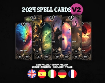 May include: A collection of 2024 Spell Cards V2 featuring fantasy illustrations, spell levels, and text labels. The cards display various magical themes, including Remove Curse, and list classes like Bard, Cleric, Druid, Paladin, Ranger, Sorcerer, Warlock, and Wizard.