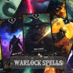 Cartas de magia de D&D de WARLOCK | Dungeons and Dragons | Cartas ilustradas 5e | Tamanho do tarô para download | Inclui livro de magias de D&D + livro de magias de Warlock!