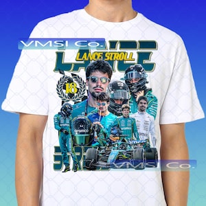 May include: A white t-shirt featuring a graphic print of Formula 1 driver Lance Stroll. The design includes multiple images of the driver in racing gear, a racing car, the number 18, and the text LANCE STROLL in bold yellow and dark green lettering.