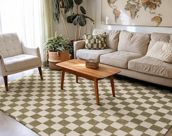 Handgetuft tapijt, groen geblokt tapijt, 8 x 10 tapijt, 6 x 9 tapijt, geometrisch tapijt, woonkamertapijt, handgemaakt tapijt, gepersonaliseerde geschenken, vloer en vloerkleden