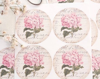 Hydrangea Stickers Pink, 1.5 inch Round Seals, Set of 10, Envelope Stickers, Floral Stationary, Journaling Embellishment, Pink Hydrangea