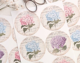 Hydrangea Stickers Blue, Pink, Purple, 1.5 inch Round Seals, Set of 10, Envelope Stickers, Floral Stationary, Journaling Embellishment