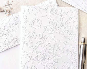 Modern floral card, all occasion blank inside, A2 size 4.25 x 5.50", white embossed card and matching embossed envelope, modern stationery