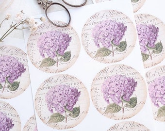 Hydrangea Stickers Purple, 1.5 inch Round Seals, Set of 10, Floral Stationary, Journaling Flower Embellishment, Purple Hydrangea Seals