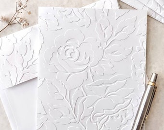 Rose Blossom Note Cards, set of 5 or 10 embossed notecards with envelopes, A2 size 4.25 x 5.50" white embossed stationery gift for her