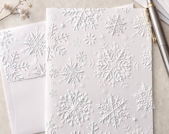 Snowflake Notecards A2 size 5.5 x 4.25" with embossed envelopes, White 3D Snowflake Christmas Card, Embossed Stationary, Snowfall Cards