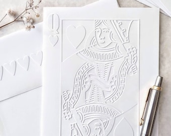 Queen of Hearts Embossed White Notecards set of 5 or 10 cards A2 size 4.25 x 5.5" With Heart Embossed Envelopes, Poker Face Stationary