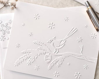 Cardinal Greeting Card, Embossed Stationary With Embossed Envelope, A2 size 5.5 x 4.25", Christmas Cardinal Card, Winter Thank You Notecard