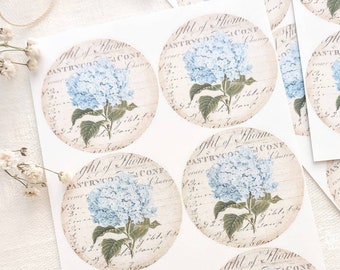 Hydrangea Stickers Blue, 1.5 inch Round Seals, Set of 10, Blue Floral Stationary, Journaling Flower Embellishment