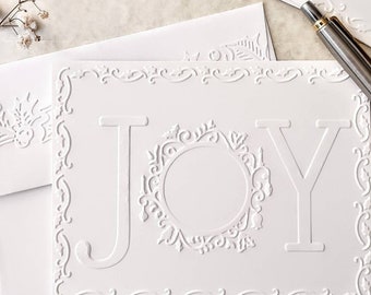 Joy Notecards set of 5 or 10 cards, A2 size 5.5 x 4.25 inches, Matching Embossed Envelopes, Joy Embossed Christmas Cards, Joy To The World