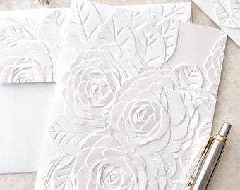 Camellia Notecards A2 size 4.25 x 5.50" with embossed envelopes, white camellia flower stationery set, blank all occasion cards
