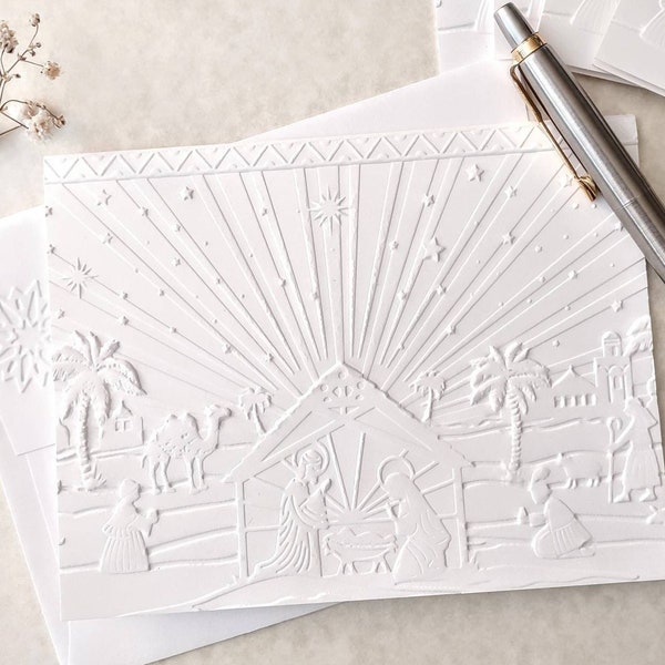 Nativity Christmas card A2 size 5.5 x 4.25" with embossed envelope, Christian Stationary, Away in a manger, Peaceful Nativity Greeting Card