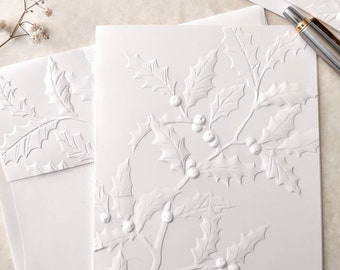 Holly Notecards with embossed envelopes, A2 size 5.50 x 4.25, Christmas Notecards, White Holly Cards, Winter Thank You, Botanical Stationary