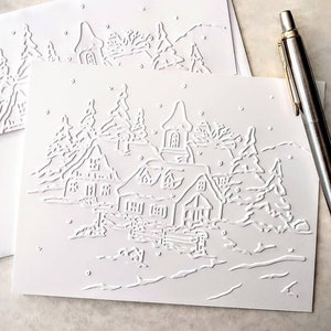 Christmas Village Card set of 5 or 10 cards , A2 size 5.5 x 4.25 inches with matching embossed envelope, White Christmas Cards, Winter Notes