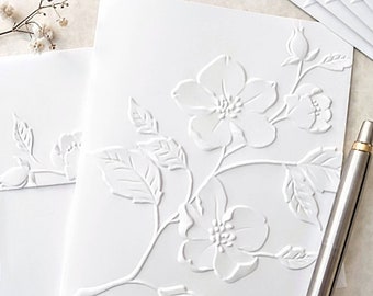 Wild Rose Note Cards, set of 5 or 10 embossed notecards with matching envelopes, A2 size 4.25 x 5.50" white embossed stationary gift for her