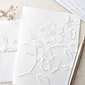 Wild Rose Note Cards, set of 5 or 10 embossed notecards with matching envelopes, A2 size 4.25 x 5.50" white embossed stationary gift for her