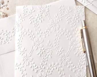 Embossed White Note Cards set of 5 or 10 cards, 4.25 x 5.50" Vintage Style Note Card Set With Matching Envelopes, Floral Trellis Note Cards