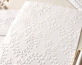 Embossed White Greeting Card A2 size 4.25 x 5.50" Vintage Style Note Card With Matching Embossed Envelope, Floral Trellis Note Card