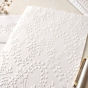 Embossed White Greeting Card A2 size 4.25 x 5.50&quot; Vintage Style Note Card With Matching Embossed Envelope, Floral Trellis Note Card