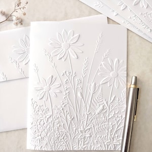 Embossed Wildflower Card, A2 Size 4.25 x 5.50" With Embossed Envelope, White Flowers Stationary, Blank All Occasion Card