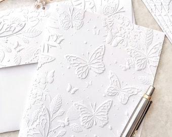 Butterfly Notecards, A2 Size 4.25 x 5.50" White Embossed Cards With Embossed Envelopes, set of 5 or 10 cards, Blank Inside All Occasion Card
