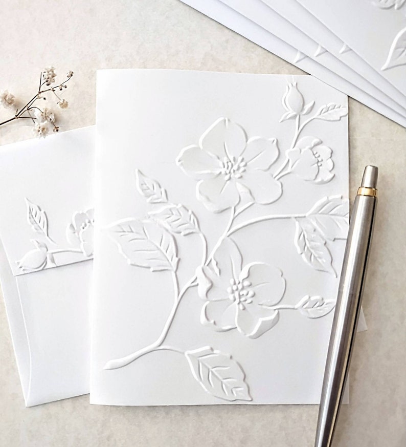 Wild Rose Note Cards, set of 5 or 10 embossed notecards with matching envelopes, A2 size 4.25 x 5.50 white embossed stationary gift for her image 3