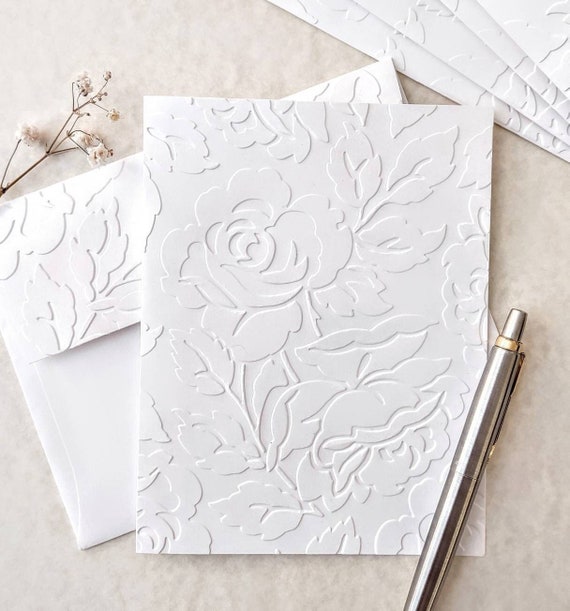 Rose Blossom Note Cards, set of 5 or 10 embossed notecards with envelopes, A2 size 4.25 x 5.50" white embossed stationery gift for her